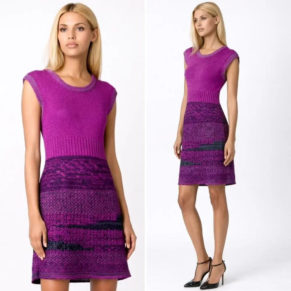 Chanel Bouclé Knit Dress Purple Gray A-Line Sleeveless CC Logo Short FR36 XS